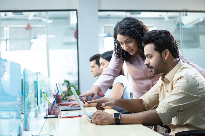 Team collaborating in a modern office environment